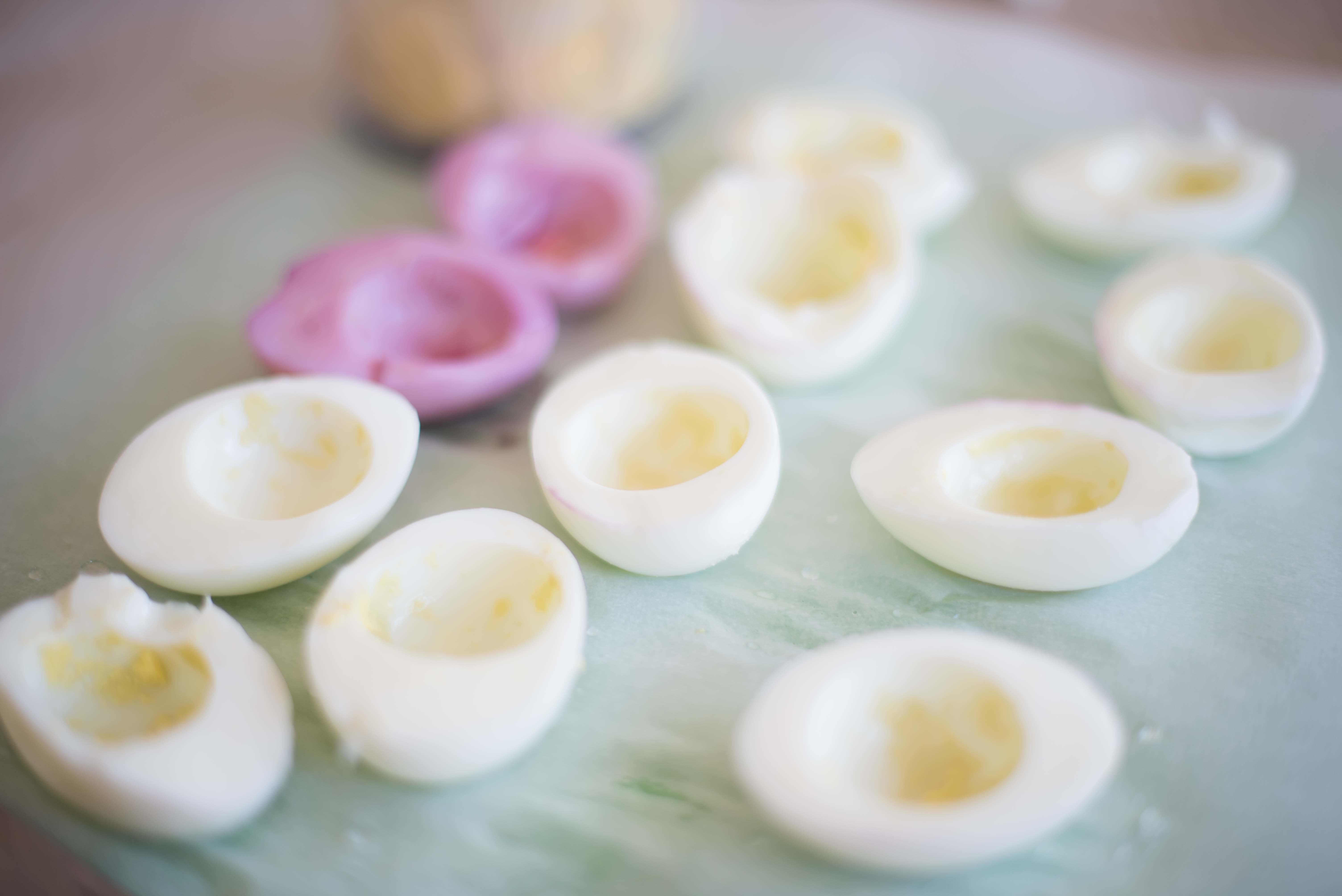 Dyed deviled eggs romancing the onion