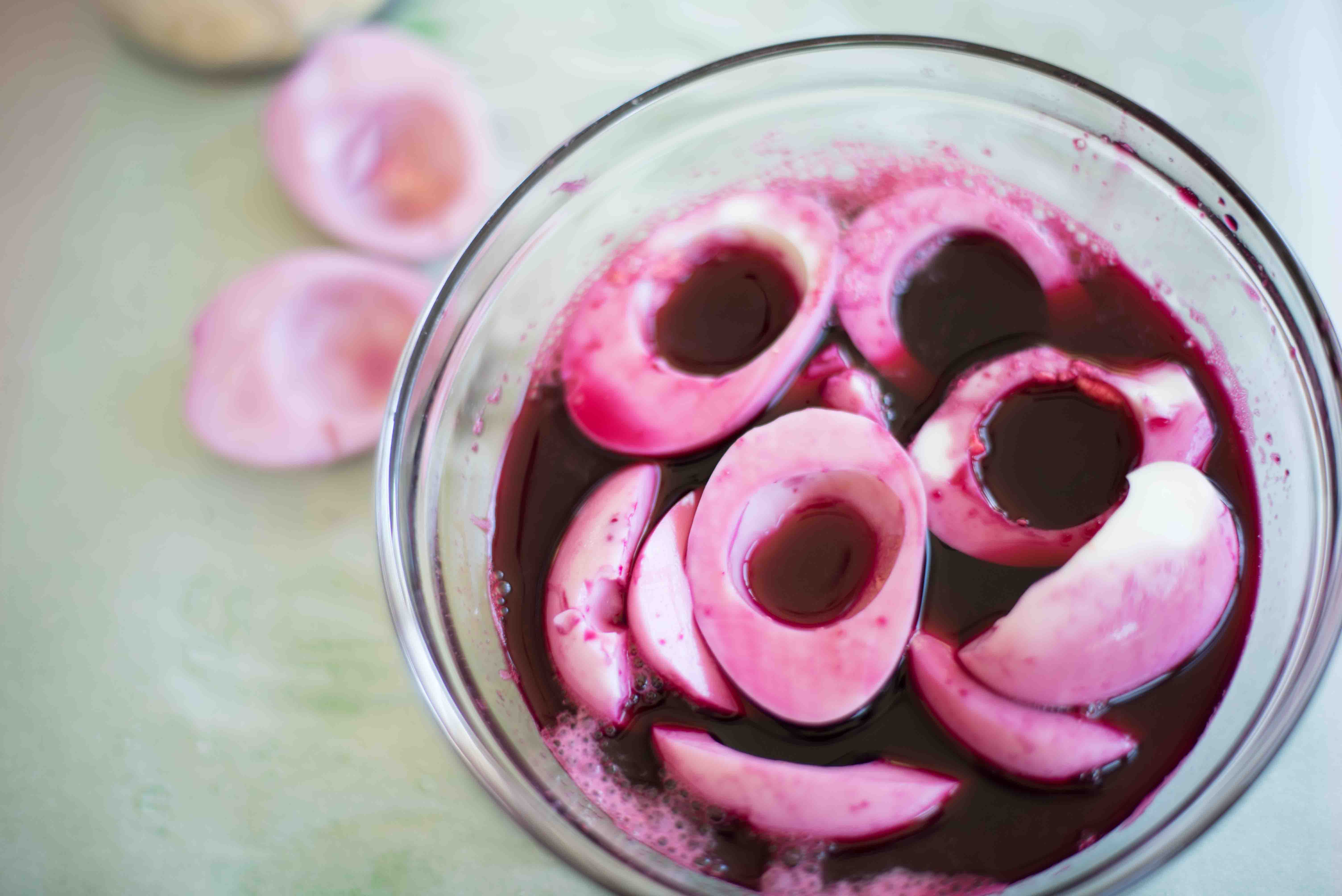 Dyed deviled eggs romancing the onion